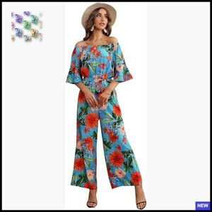 Off Shoulder Floral Jumpsuit Wide Leg Romper Elegant Chic Vacation Wear